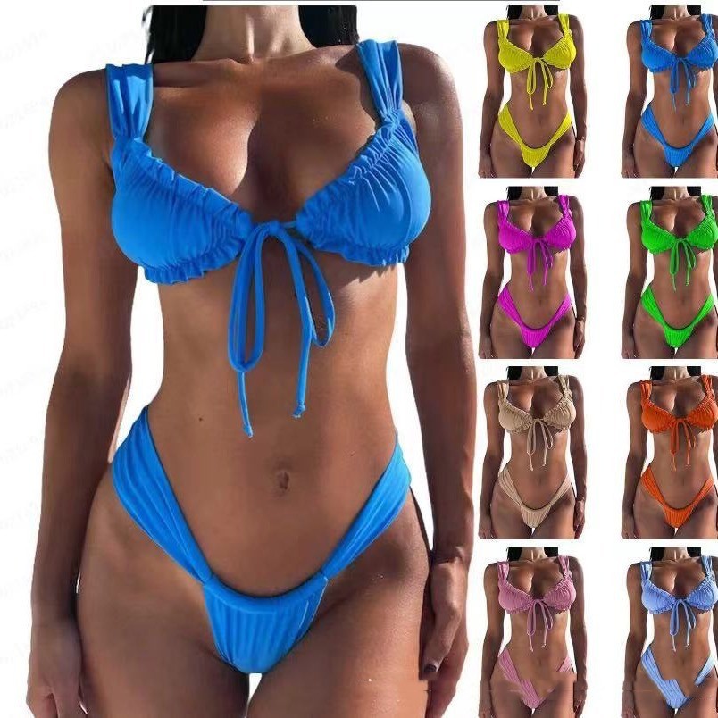 Lace-up Bikini Solid Color Split Women's Swimsuit - Leverage On Heroes Women Store