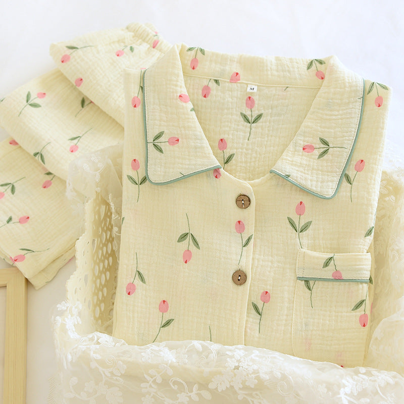 Women's Fashion Gauze Double Crepe Lapel Long-sleeved Loungewear Set - Leverage On Heroes Women Store