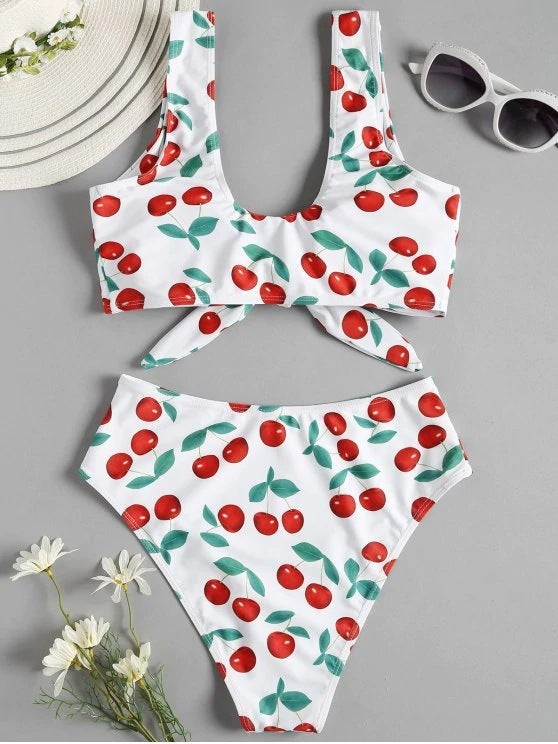 Bikini Split Swimsuit Cherry Print Swimsuit Lace - Leverage On Heroes Women Store