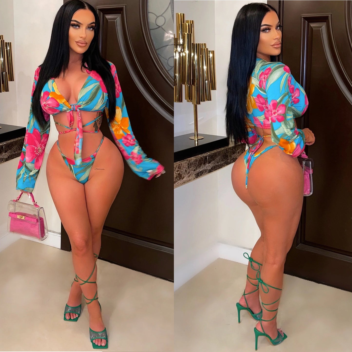 Printed Lace-up Bikini Three-piece Set - Leverage On Heroes Women Store