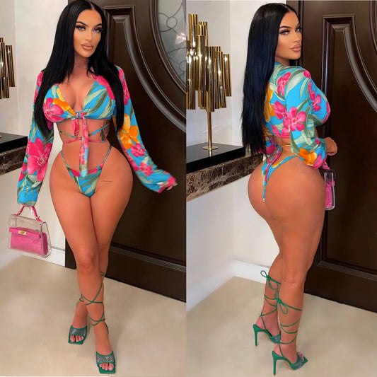 Printed Lace-up Bikini Three-piece Set - Leverage On Heroes Women Store
