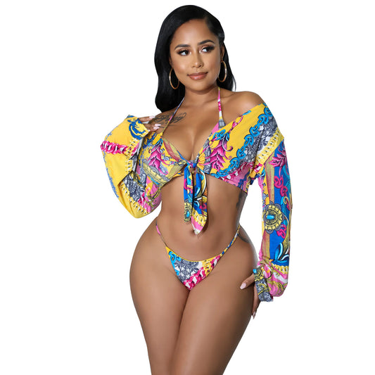 Women's Fashion Print Lace-Up Bikini Three Piece - Leverage On Heroes Women Store
