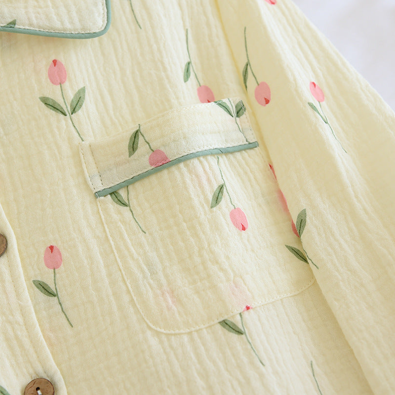 Women's Fashion Gauze Double Crepe Lapel Long-sleeved Loungewear Set - Leverage On Heroes Women Store