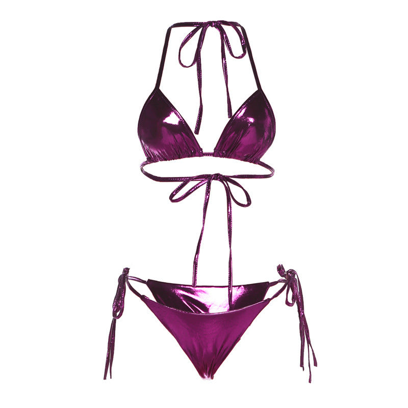 Hanging Neck Lace-up Reflective Bikini Two-piece - Leverage On Heroes Women Store