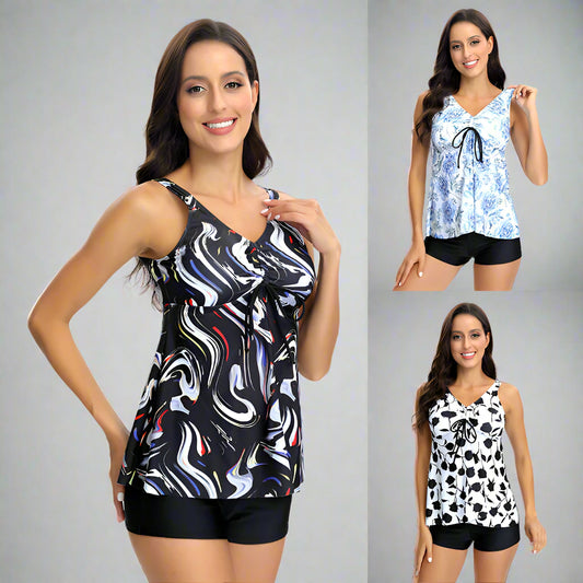 Women's Fashion Digital Printing Skirt Bra Drawstring Design Push Up Swimsuit - Leverage On Heroes Women Store