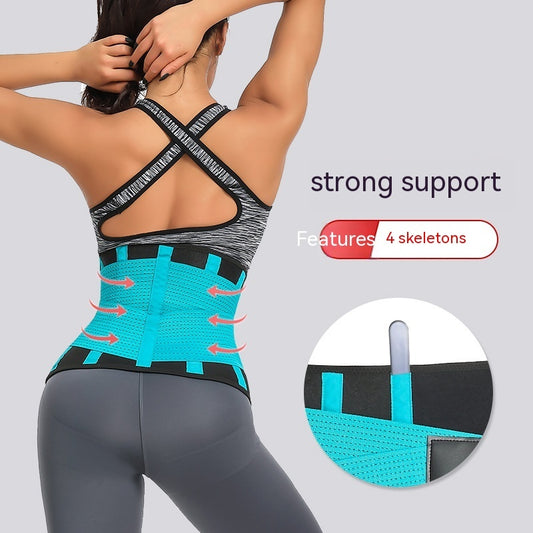 Person wearing a turquoise back support brace with text 'strong support' and '4 skeletons'.