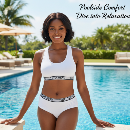 Woman in white bikini with 'ZHU YU MENG' branding by a pool, with text 'Poolside Comfort Dive into Relaxation'.