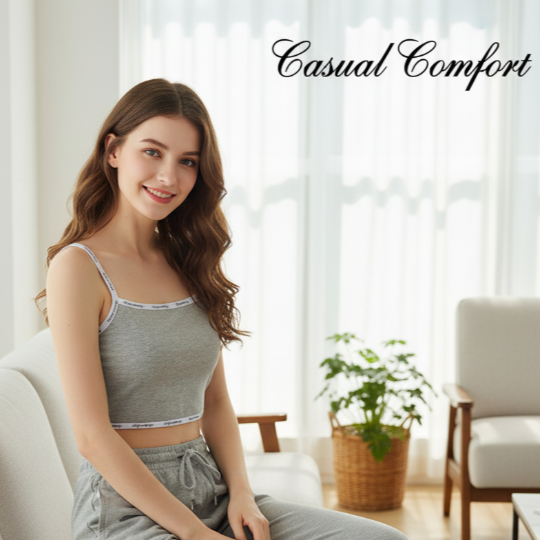 Woman in gray pajama set sitting on a chair with 'Casual Comfort' text above.