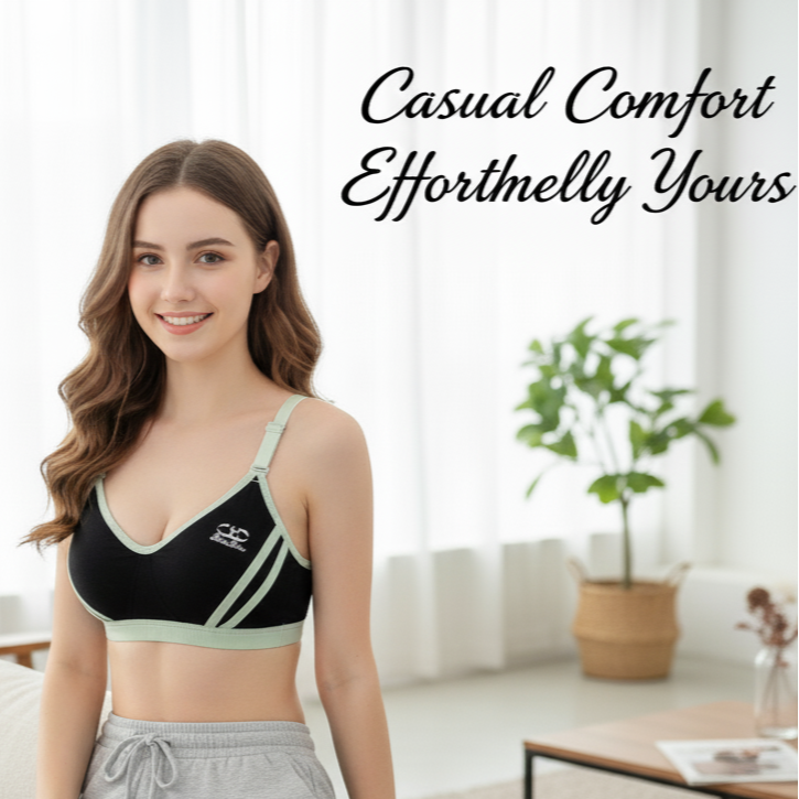 Woman wearing a sports bra and gray sweatpants in a living room setting with text 'Casual Comfort Efforthelly Yours'.