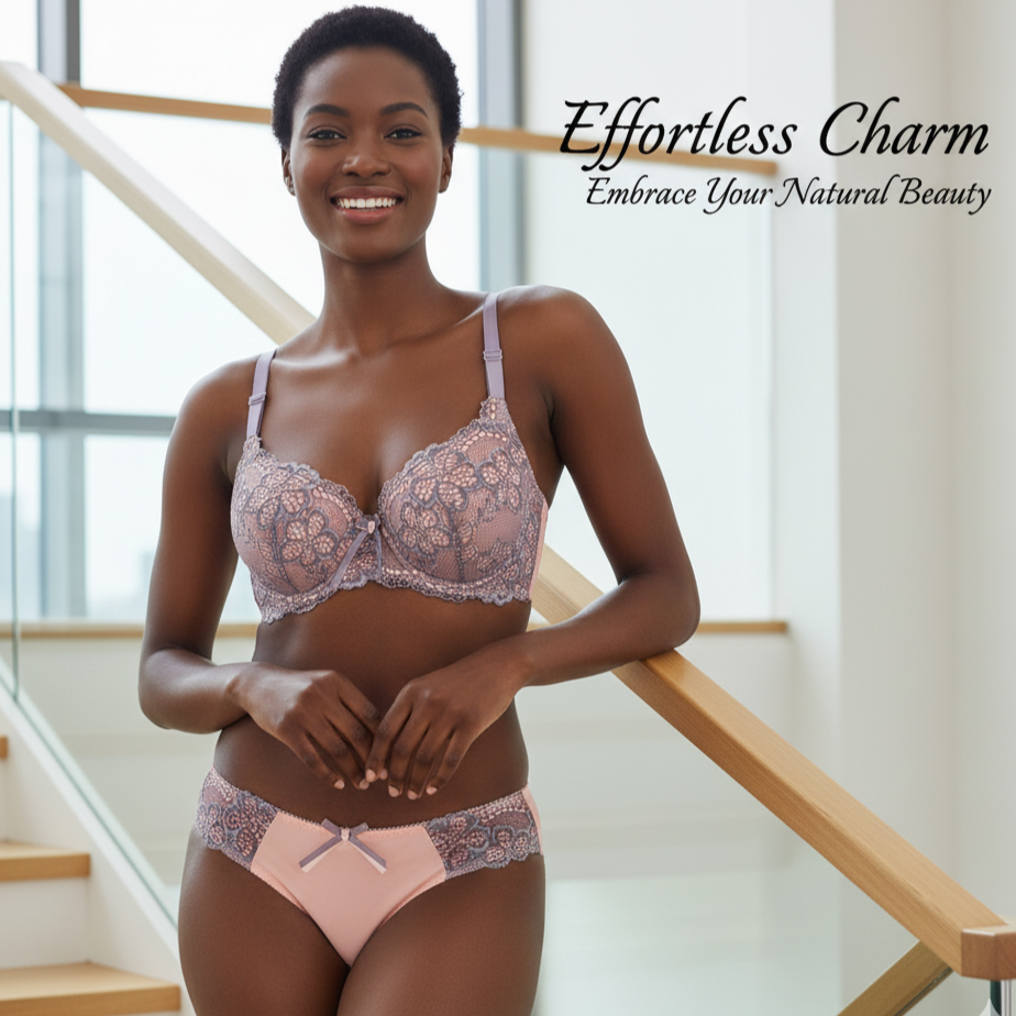 Woman wearing a pink lace lingerie set with text 'Effortless Charm Embrace Your Natural Beauty' in a modern setting.