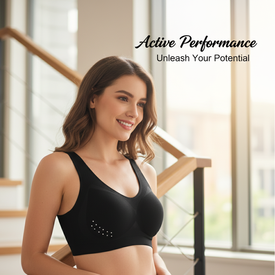 Woman wearing a black sports bra and gray leggings indoors with 'Active Performance' text.