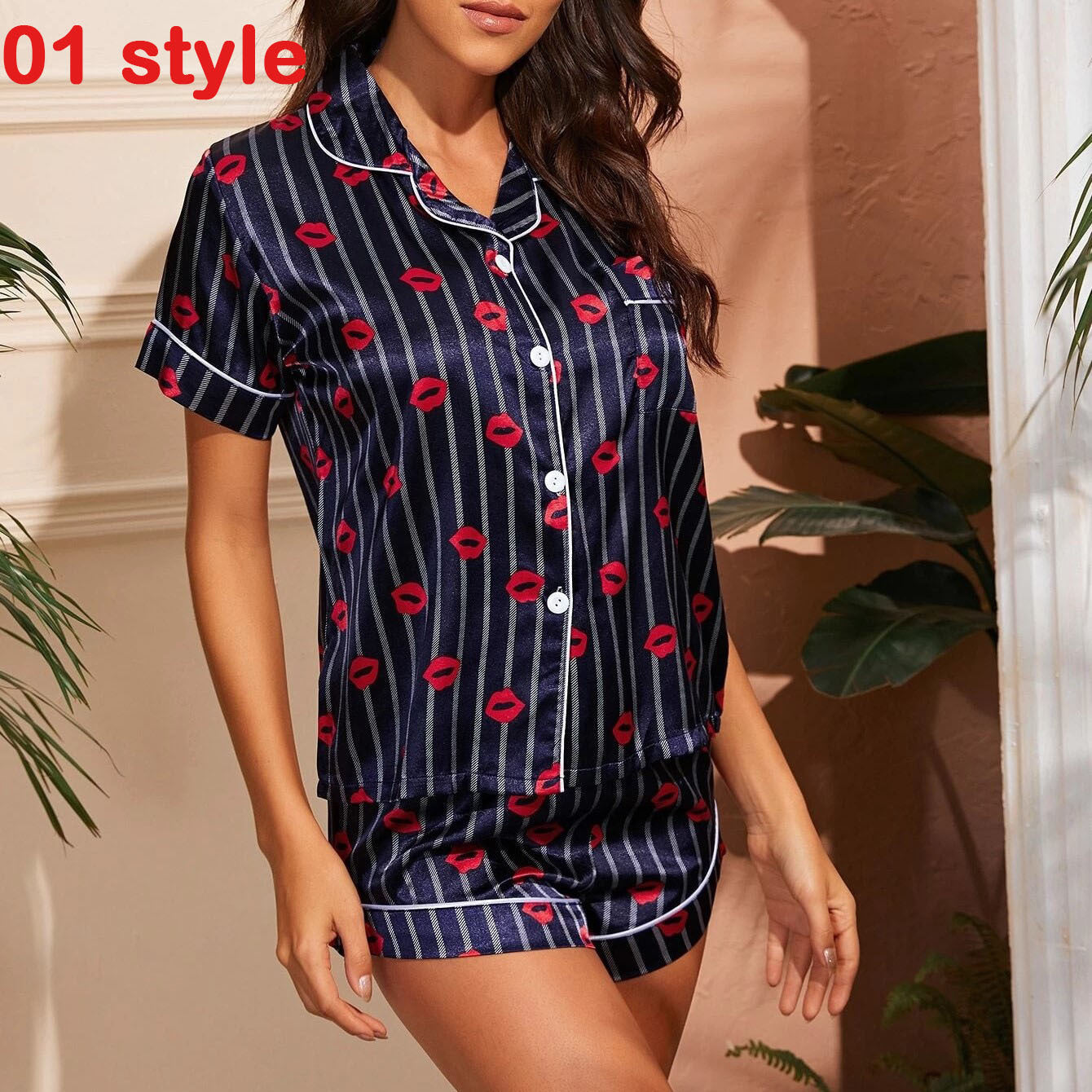 Summer Satin Women Pajams Print V-Neck Stretch Female Sleepwear Casual Shorts Set Loungewear Women - Leverage On Heroes Women Store