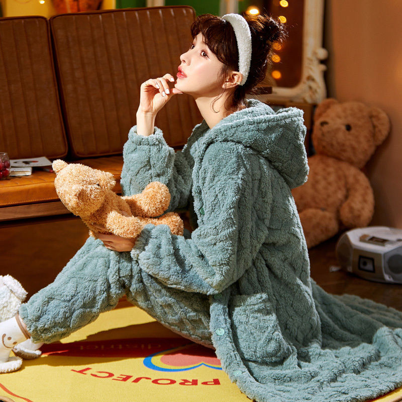 Long Flannel Robe Bathrobe Loungewear Set - Leverage On Heroes Women Store