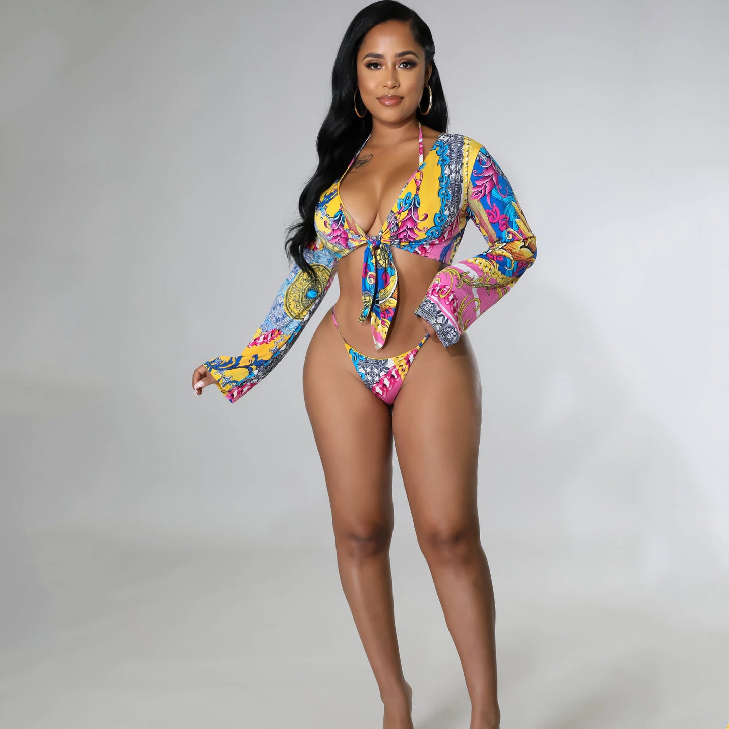 Printed Lace-up Bikini Three-piece Set - Leverage On Heroes Women Store