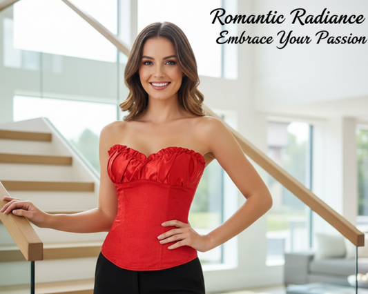 Woman wearing a red strapless top and black pants in a modern indoor setting.