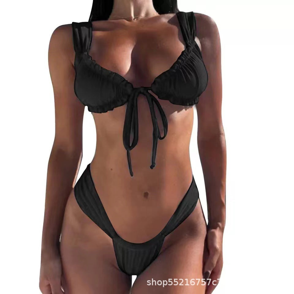Lace-up Bikini Solid Color Split Women's Swimsuit - Leverage On Heroes Women Store