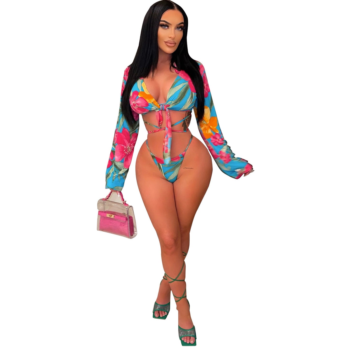 Women's Fashion Print Lace-Up Bikini Three Piece - Leverage On Heroes Women Store