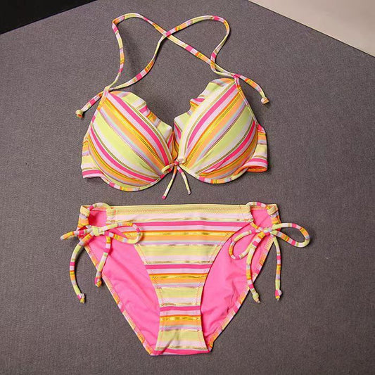 Colorful Striped Lace-up Beach Bikini Swimsuit - Leverage On Heroes Women Store